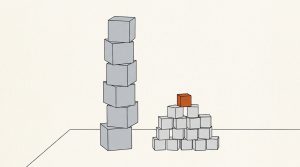 Ink illustration: a tall tower of large gray toy blocks stands beside a short, wide pyramid of small blocks, with one orange block placed on top of the small stack.