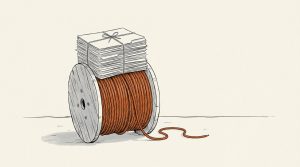 Ink illustration: a tall stack of blank folders tied with string sits on top of a wooden cable spool, pinning down a coil of orange power cable so it cannot unroll.
