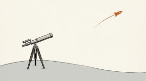 Ink illustration: a brass telescope on a tripod stands on a gray hilltop, pointed at a small orange rocket climbing far off in an empty sky.