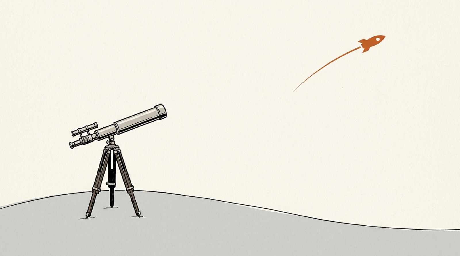 Ink illustration: a brass telescope on a tripod stands on a gray hilltop, pointed at a small orange rocket climbing far off in an empty sky.
