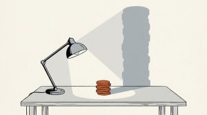 Ink illustration: a desk lamp shines on a short stack of orange coins, which casts a tall gray shadow up the wall many times its height.