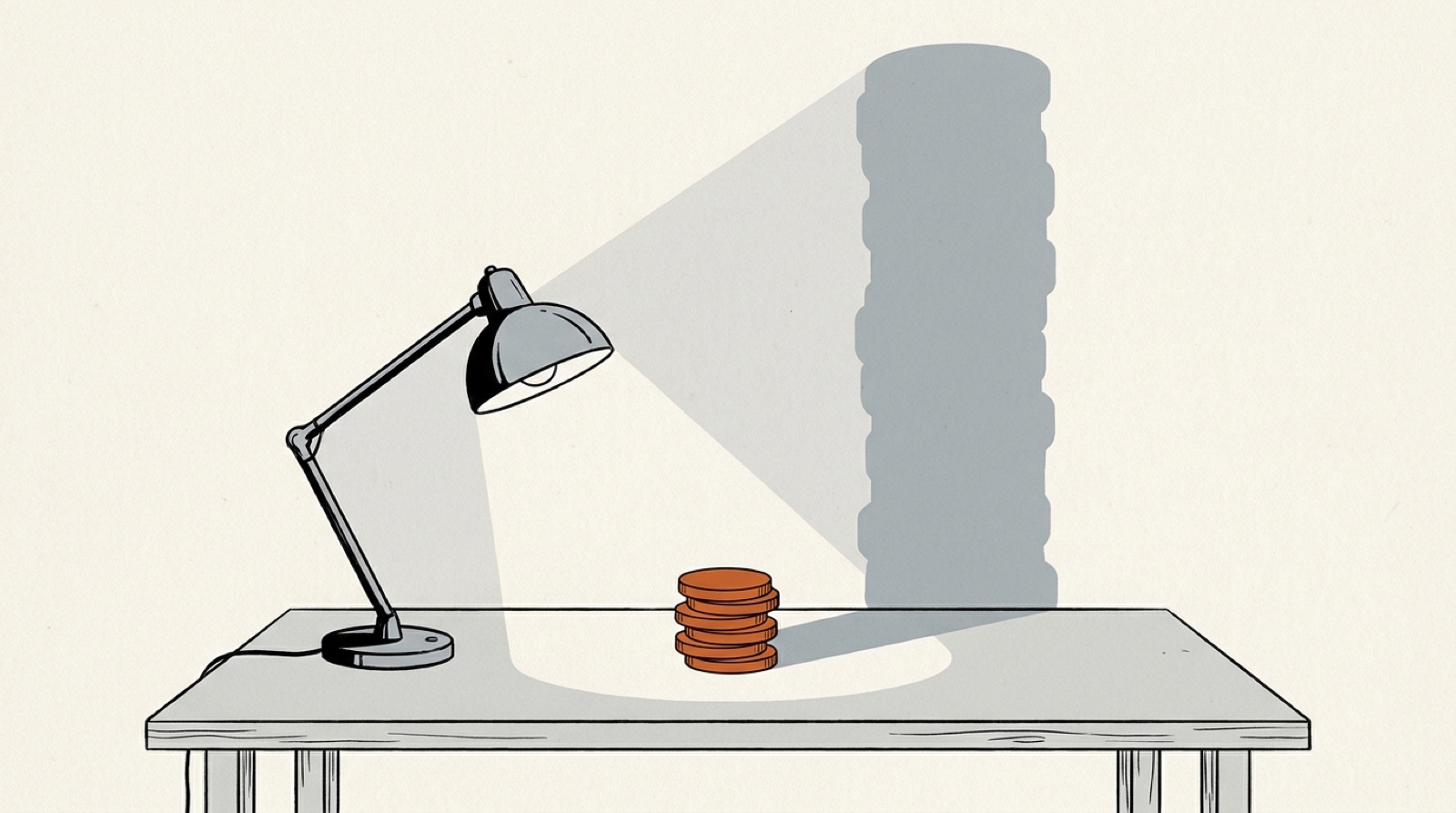 Ink illustration: a desk lamp shines on a short stack of orange coins, which casts a tall gray shadow up the wall many times its height.
