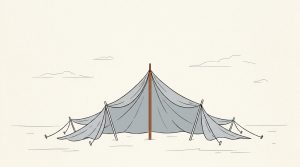 Ink illustration: a wide gray canvas tent held up by one tall orange center pole while its sides sag toward the ground.