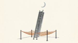 Ink illustration: a tall ladder built from stacked server trays leans toward a crescent moon, with an orange safety net strung low beneath it.