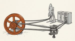 Ink illustration: a large orange flywheel drives belts that power a small rocket on a stand and a row of computer server cabinets, while a heavy iron clamp pinches the belts.