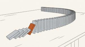 Ink illustration: a long curving row of blank gray dominoes on a table; the first few have toppled and a single orange domino is falling into the next.