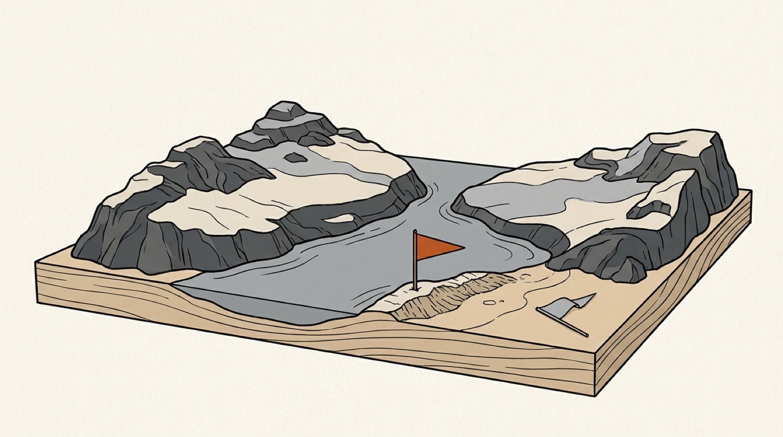 Ink illustration: a carved terrain model of a narrow strait between two rocky coasts, with an orange pennant planted at the narrowest point and a gray pennant toppled nearby.