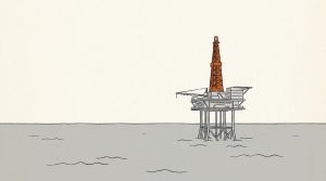 Ink illustration: an offshore drilling platform on a calm gray sea, its drilling tower picked out in orange.