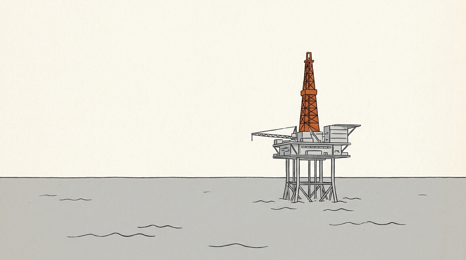 Ink illustration: an offshore drilling platform on a calm gray sea, its drilling tower picked out in orange.