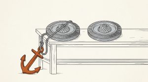 Ink illustration: two identical turbine discs sit on a workbench; one is roped to a heavy orange anchor resting on the floor, the other sits free.