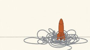 Illustration: a small orange toy rocket standing in a big tangle of gray string