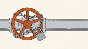 Illustration: an orange valve wheel on a gas pipe wrapped in a chain and padlock