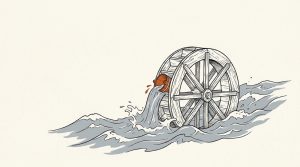 Illustration: an old water wheel turning in a choppy stream, one orange bucket scooping water
