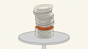 Illustration: a tall stack of white dinner plates with a cracked orange plate near the bottom