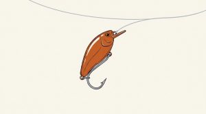 Illustration: an orange fishing lure hanging on a line with a sharp hook underneath
