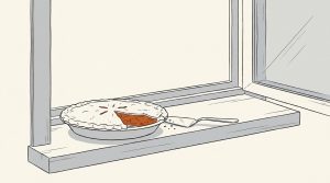 Illustration: a pie on a windowsill with one slice cut out, the orange filling showing at the gap