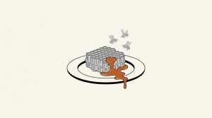 Illustration: a piece of honeycomb on a plate dripping orange honey, with three bees hovering above