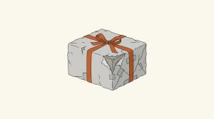 Illustration: a gift box with a fresh orange ribbon over creased, re-taped gray wrapping paper