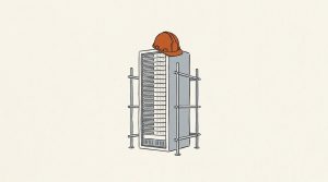 Illustration: a server rack wrapped in scaffolding with an orange hard hat on top