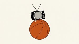 Illustration: a small old television set balanced on top of a big orange beach ball
