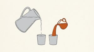 Illustration: a big gray pitcher pouring a thin trickle next to a small orange pitcher pouring a thick stream