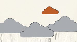 Illustration: one small orange cloud floating above a row of gray rain clouds