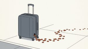 Illustration: a rolling suitcase with a hole in one corner leaking a trail of orange coins
