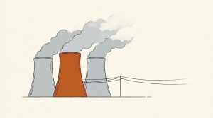 Illustration: three nuclear cooling towers, the middle one orange, with power lines