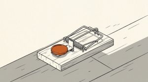 Illustration: a wooden mousetrap baited with an orange coin