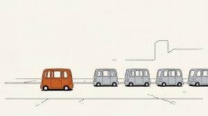 Illustration: a row of small driverless pod vehicles on a street, the lead one orange