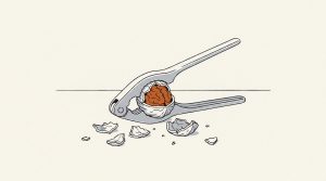 Illustration: a metal nutcracker cracking a walnut, the orange kernel showing among broken shells