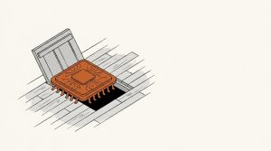 Illustration: an orange computer chip sitting on an open trapdoor in a wooden floor