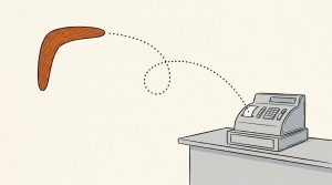 Illustration: an orange boomerang curving back toward a cash register on a counter