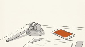 Illustration: a gray gavel on its sound block beside a smartphone with a blank orange screen