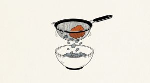 Illustration: a kitchen sieve letting gray pebbles fall through while one orange stone stays in the mesh