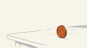 Illustration: an orange coin spinning on its edge on a tabletop