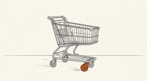 Illustration: a shopping cart with one orange front wheel stuck sideways, skid marks behind it