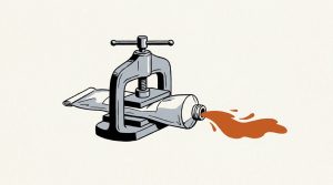 Illustration: a paint tube crushed in a press with orange paint bursting out