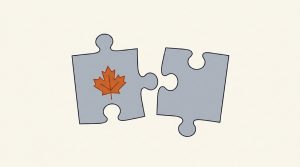 Illustration: two gray jigsaw pieces almost joined, one marked with an orange maple leaf
