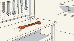 Illustration: an orange wrench lying unused on a dusty garage workbench with cobwebs