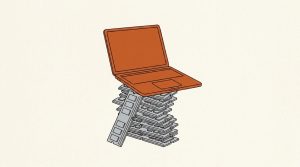 Illustration: an orange laptop balanced on a teetering pile of memory chips