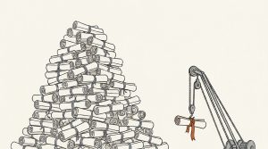 Illustration: a huge pile of rolled paper scrolls while a small crane lifts away one scroll tied with an orange ribbon