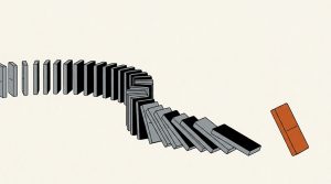 Illustration: a long curving line of falling dominoes ending in one orange domino tipping over