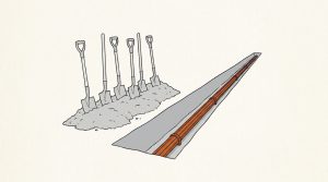 Illustration: five shovels stand in a dirt mound beside a long trench holding an orange cable conduit