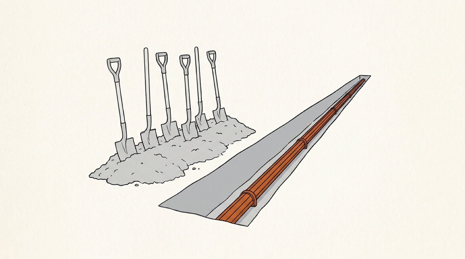 Illustration: five shovels stand in a dirt mound beside a long trench holding an orange cable conduit