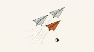 Illustration: three paper planes rise on one updraft; the orange one carries a hanging weight