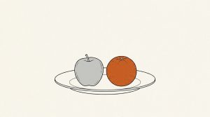Illustration: a gray apple and an orange side by side on a white plate