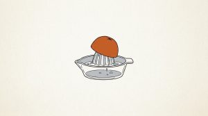 Illustration: an orange half pressed on a glass citrus juicer with only a few drops left