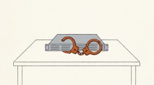 Illustration: orange handcuffs closed around a plain server unit on a table