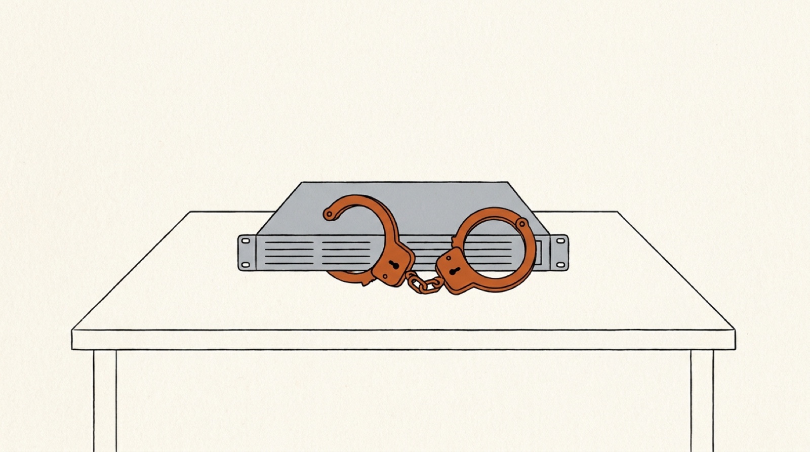 Illustration: orange handcuffs closed around a plain server unit on a table